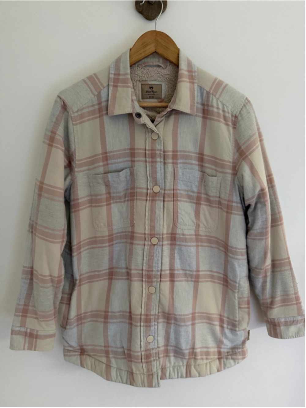 WindRiver Heritage Sherpa Lined Plaid Shacket Jacket Med Pink Cream Button Front